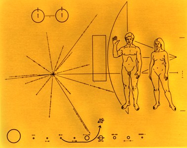 A picture of the metal plaques attached to Pioneers 10 and 11. This image was designed by Carl Sagan in an attempt to communicate to extraterrestrials information about the origins of the spacecraft.